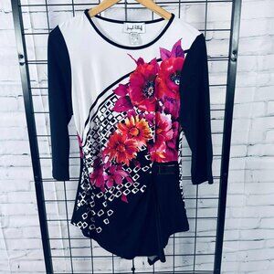 Joseph Ribkoff Floral Belted Tunic Top Black White Pink | Size 8 NWT